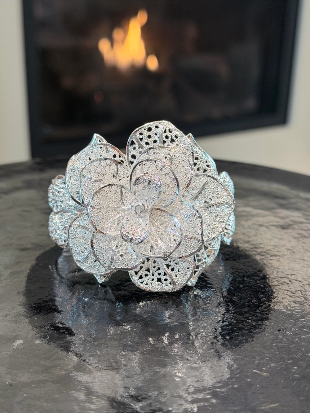 925 Sterling Silver  Filigree Flower Bracelet - Silver Tone